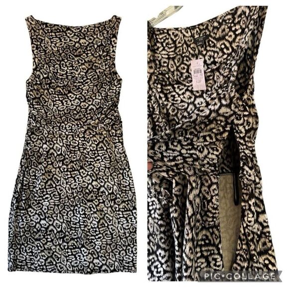 New Ann Taylor Cheetah Black Tan Ruched Flounce Waist Sheath Sz 12P Animal Print - Picture 3 of 12